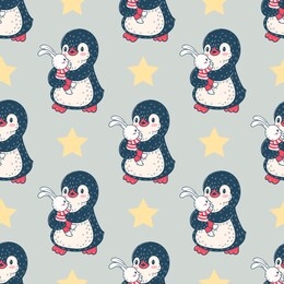 seamless pattern with cute penguin and bunny. hand-drawn illustration. 
