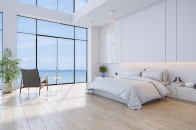 bedroom and modern style.with sea view ,bed with wood floor and white wall ,3d rendering