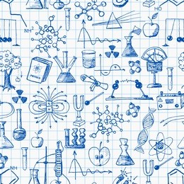 back to school pen sketch seamless background. physics and chemistry. can be used for wallpaper, pattern fills, textile, web page background, surface textures. vector illustration. 