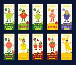 kids fruit juice packaging vector templates set. smiling children in fruits costumes cartoon character. tasty beverage for kids illustrations collection. colorful label for natural drink advertising