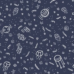 night space with stars, planets, satellite and meteorites on chalkboard background. universe seamless pattern for kids. cosmic objects background. vector universe texture for textile, wrapping. doodle