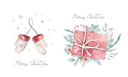 merry christmas watercolor set with floral elements. happy new year gift boxes, snowflakes, berries. winter flowers, gift and branch bouquets decoration.