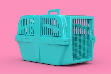 blue pet travel plastic cage carrier box mock up duotone on a pink background. 3d rendering