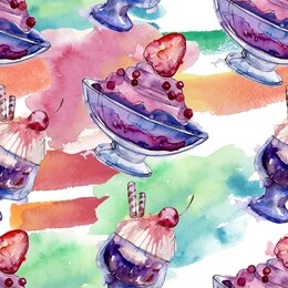 tasty ice cream in a watercolor style. aquarelle sweet dessert illustration set. watercolour drawing fashion. seamless background pattern. fabric wallpaper print texture.