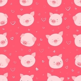 seamless pattern with happy, funny faces of pigs, against the background of hearts, isolated pink background. funny cartoon animals raster illustration. texture with flat heads of pigs.