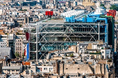 aerial view of beaubourg area with the pompidou center museum   cityscape of paris in france