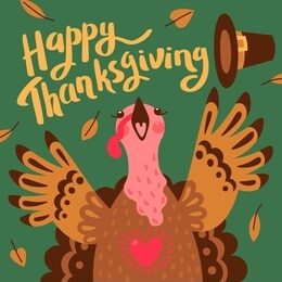 happy thanksgiving card with turkey. cartoon character turkey.