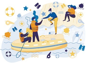 flood rescuers sitting in inflatable boat saving people from water taking off roof flat cartoon vector illustration. family members rescued from flooded house building. people and natural disaster.