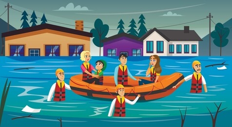 rescued flood survivors sitting in inflatable boat flat cartoon vector illustration. people saved from flooded buildings. natural disaster. water covering land and houses. family in life vest.