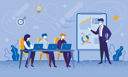 education courses for office workers and businesspeople. cartoon female and male people group at business meeting with professional coach. boosting financial literacy. vector flat illustration