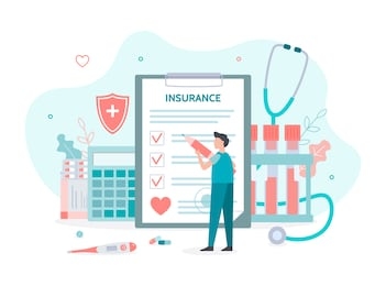 man fills out health insurance. health insurance concept with tiny people. flat vector illustration.