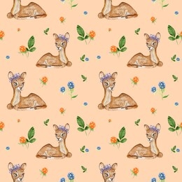 watercolor lovely seamless pattern with cute deer and flowers. awesome background in bright colors. deer and autumn orange leaves, berries, peach background. baby textile fabric, wrapping paper