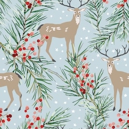christmas seamless pattern, blue background. forest deer animals, green pine twigs, red berries, white stars. vector illustration. nature design. season greeting. winter xmas holidays
