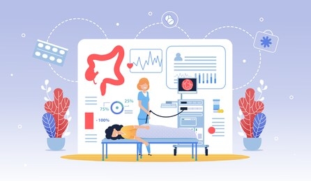 informative flyer hydro colonoscopy cartoon flat. regular visit to doctor prolongs healthy period life. woman is being examined in clinic, nurse is standing nearby. vector illustration.