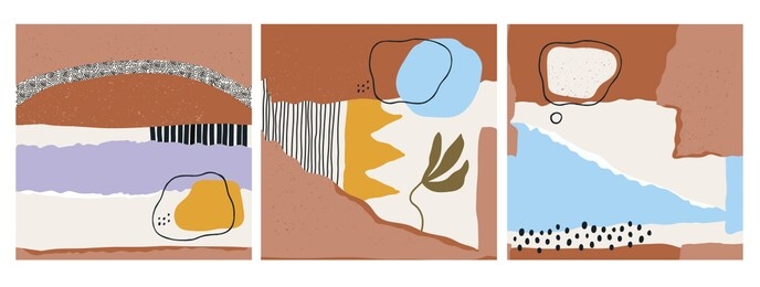 hand drawn various shapes and doodle objects. set of three abstract contemporary modern trendy vector seamless patterns. pastel colors. perfect for textile prints. every pattern is isolated