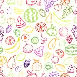 fruit pattern children drawling style. colorful bright background. crayons style icon on white backdrop. grape, apricot, apple, pear, cherry, watermelon. seamless texture with hand drawn elements.