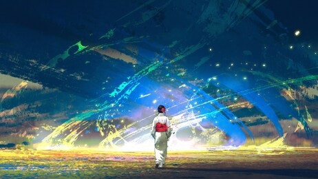 young asian girl in japanese traditional clothes approached the fantastic blue storm, digital art style, illustration painting