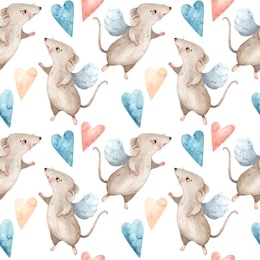 watercolor cute cartoon mice and hearts seamless pattern with on a white background. fabric background.