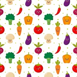 kawaii seamless pattern cute funny cartoon vegetable characters isolated on white background. illustration vector.  