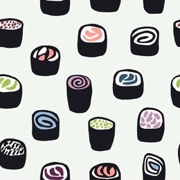 hand painted seamless pattern with asian food on vanilla background.