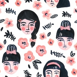 cute cartoon girl faces seamless pattern. watercolor portraits of women on floral background. woman abstract face with flowers wallpaper. hand painted pretty female character drawing