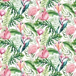 hand drawn watercolor tropical bird flamingo seamless pattern . exotic rose bird illustrations, jungle tree, brazil trendy art. perfect for fabric design. aloha