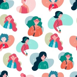 vector seamless pattern with girl avatars, different women type, young women in cartoon style isolated on white background.