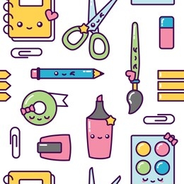 school stationery or supplies kawaii cute seamless pattern pastel colors vector