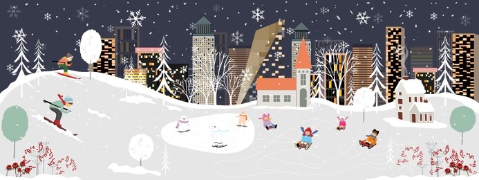 panorama winter landscape, christmas and new year celebrated in the city,vector of horizontal banner winter wonderland in the town with happy kids sledding and couple with skiing in the park 