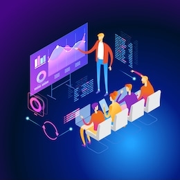 business briefing concept. corporate training, seminar. people team contemporary management. flat isometric vector illustration.