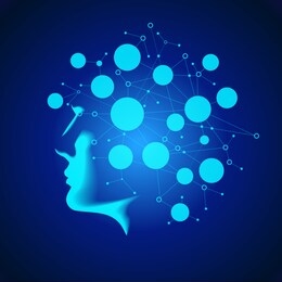 neural network. deep learning. artificial intelligence concept. robot face and building abstract background