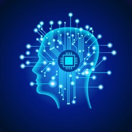 neural network. deep learning. artificial intelligence concept. robot face and building abstract background