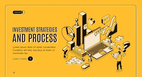 investment strategies and process isometric web banner. businessman stand at huge laptop with business icons and charts, financial instruments for money wealth growth 3d vector landing page, line art