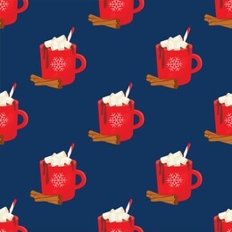 spicy hot chocolate. red cup of cocoa with marshmallows. seamless vector pattern. christmas greeting card design element. template for holiday menu, fabric and wrapping paper.