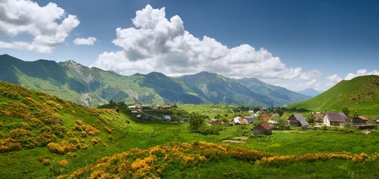 scenic panoramic landscape of a green mountain valley in summer. village with blossoming flowers and traditional houses. georgia, region tusheti.