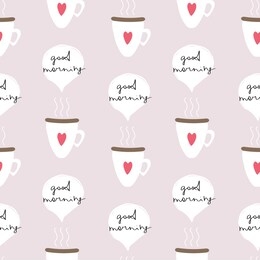 seamless vector pattern with funny coffee cup and phrase ''good morning''. suitable for backgrounds, menu, etc.