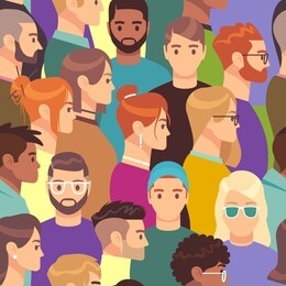 big crowd pattern. seamless texture of different people group, male and female with various hairstyles, profile heads vector creative portrait avatar wallpaper concept