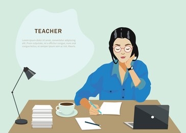 vector flat illustration of worker in workspace checks tasks. world teacher day. knowledge and studying.  professional education and learning concept. woman teacher character in workplace.  