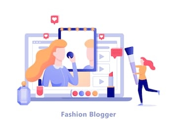 fashion blogger on the computer screen. video blog channel, trendy accessory and makeup. vector illustration in flat style