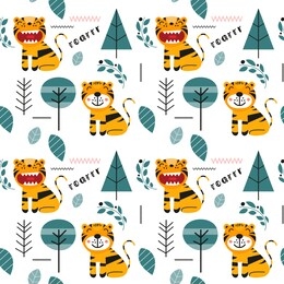 seamless pattern with cute tigers and forest in scandinavian style. vector illustration. kids illustration for nursery design. great for baby clothes, greeting card, wrapper.