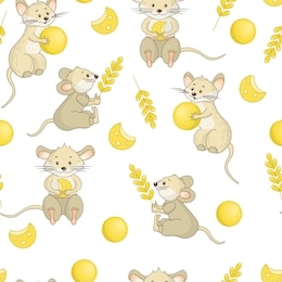 seamless pattern with cute funny little mice with spike, ball, cheese on white background, by 2020-the year of the mouse