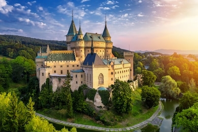 aerial view of bojnice medieval castle, unesco heritage in slovakia. romantic castle with gothic and renaissance elements built in 12th century.