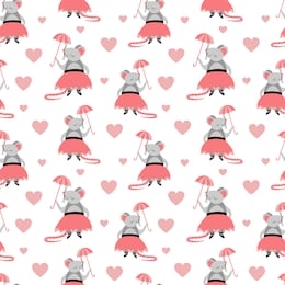 seamless pattern with cute cartoon girl mouse with umbrella and heart shapes. nice rodent isolated on white background. valentines day repeated ornament. flat vector illustration.