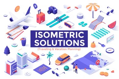 collection of colorful isometric design elements or objects isolated on white background - tourism, travel, summer trip or journey, vacation planning, touristic service. modern vector illustration.