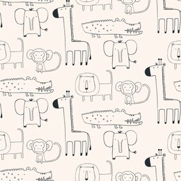 seamless pattern with african animals in scandinavian style. hand drawn vector illustration. giraffe,elephant,crocodile,monkey.