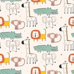 seamless pattern with african animals in scandinavian style. hand drawn vector illustration. giraffe,elephant,crocodile,monkey.