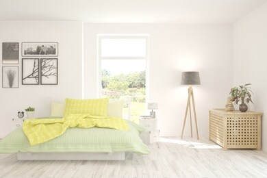 stylish bedroom in white color with smmer landscape in window. scandinavian interior design. 3d illustration