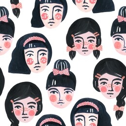 cute cartoon girl faces seamless pattern. watercolor portraits of women on white background. woman abstract face wallpaper. hand painted pretty female character drawing