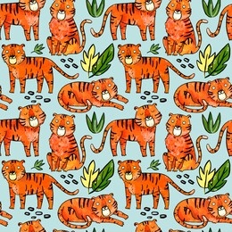seamless pattern with hand drawn tigers and plants. colourful children illustration, ideal for kids room decor, nursery. great for wallpaper, 
stationery and textile.