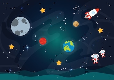 vector illustration of space. space flat vector background with rocket, spaceship, moon, jupiter, satellite, astronaut, planets and stars.